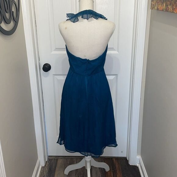 Amsale Teal Chiffon Ruffle Halter Knee Length Formal Dress - Picture 3 of 5